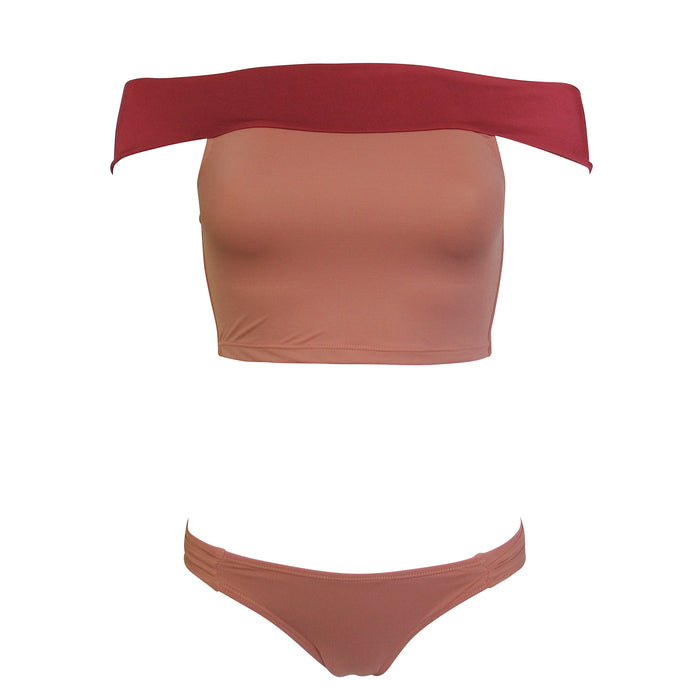 Retro Color Block Nude and Red Off Shoulder Crop Top Womens Two Piece Bathing Suit Bikini with Cheeky Brazilian Tanga Bottom