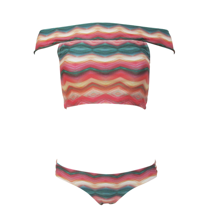 Pastel Sunset Print Off the Shoulder Crop Top Two Piece Women's Swimming Suit Bikini With Cheeky Brazilian Tanga Bottom
