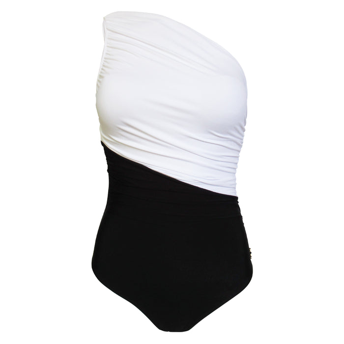 White and Black Color Block One Shoulder Womens Bathing Suit with cheeky bottom