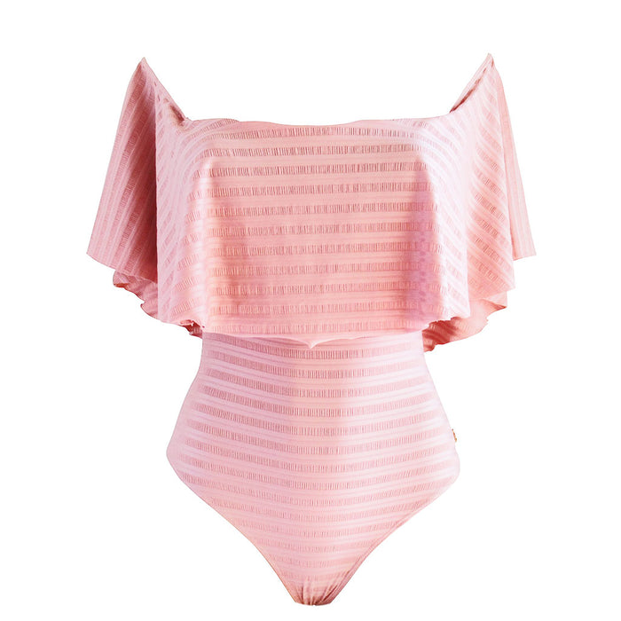 Dusty Rose Pink Off Shoulder Ruffle Womens One Piece Bathing Suit with Cheeky Bottom