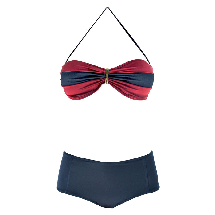Red and Navy Blue Color Block Womens Bandeau Top Bikini Two Piece Swimming Suit with High Waisted Full Coverage Bottom