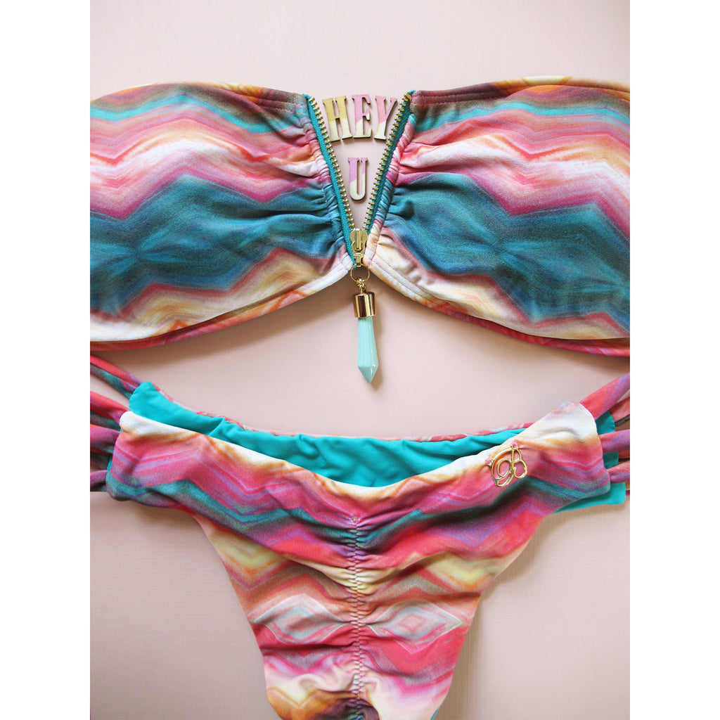 Brigitte Trancoso Tropical Sunset Print Zipper Bandeau Bikini