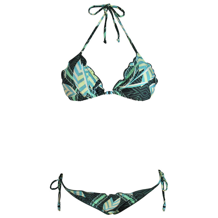 Cia Maritima Green Turquoise Tribal Leaf Print Triangle Top Ripple Bikini Womens Two Piece Swimming Suit with Beads Brazilian Cheeky Ruched Scrunch String Bottom