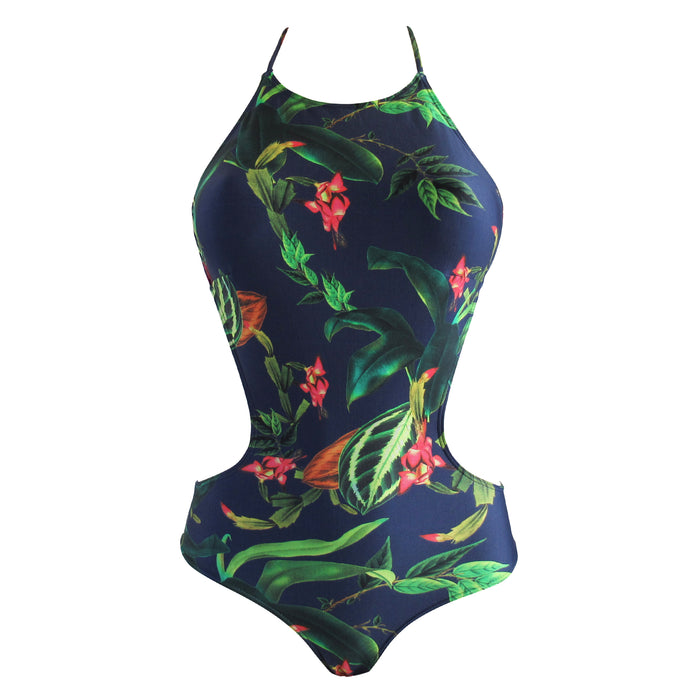 Cia Maritima Quality Navy Tropical Floral Halter Top Monokini One Piece with side cut out 