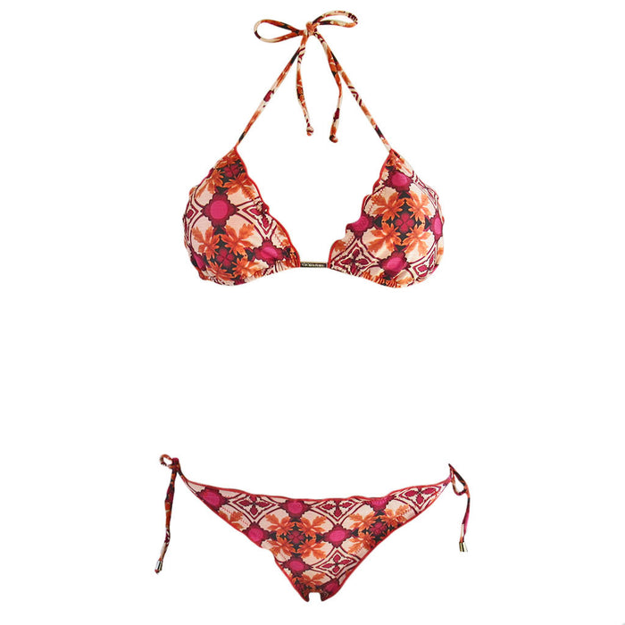 Unique Luxury Red Orange Moroccan Print Brazilian Triangle Bikini Cheeky Scrunch String Bottom Swimwear Designer Cia Maritima