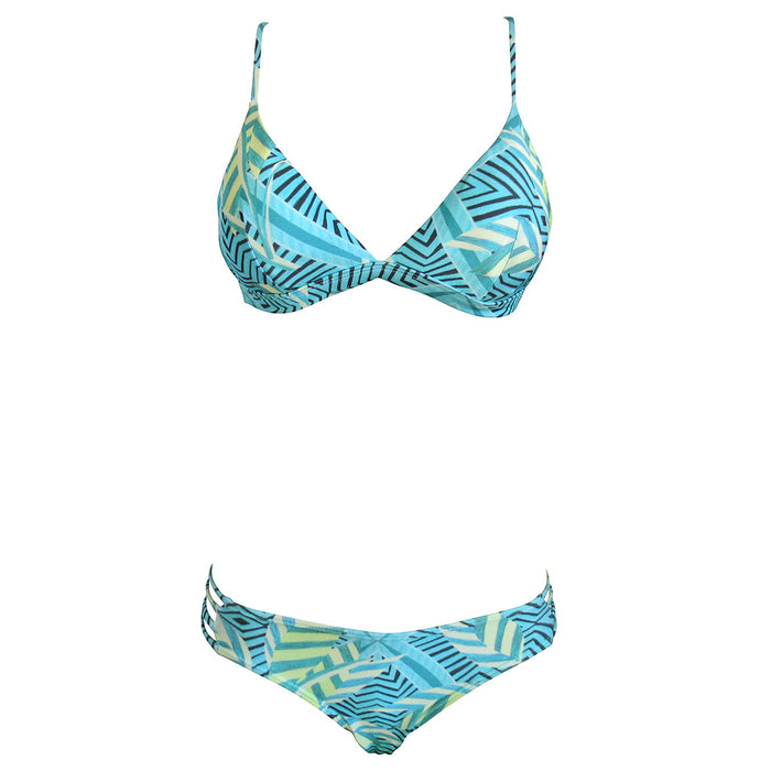 Pretty Turquoise Tropical Tribal Print Brazilian Triangle Crop Top Surf Sport Bikini Strappy Cheeky Hipster Bottom 