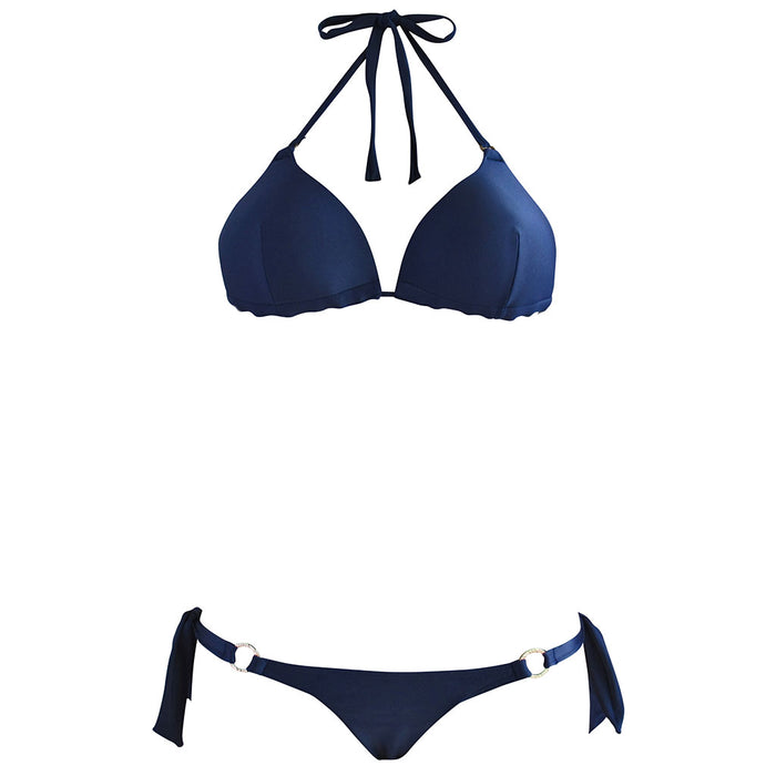 Beautiful deep navy padded triangle top brazilian bikini wide tie cheeky string bottom swimwear designer cia maritima