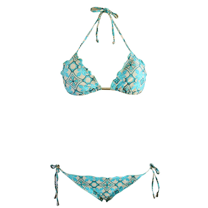 Cia Maritima Womens Luxury Designer Swimwear Pretty Turquoise Moroccan Print Triangle Cheeky Brazilian Scrunch Bikinis 