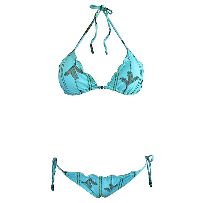 Cute Turquoise Tropical Palm Tree Print Brazilian Triangle Top Ripple Bikini Beads Cheeky Scrunch String