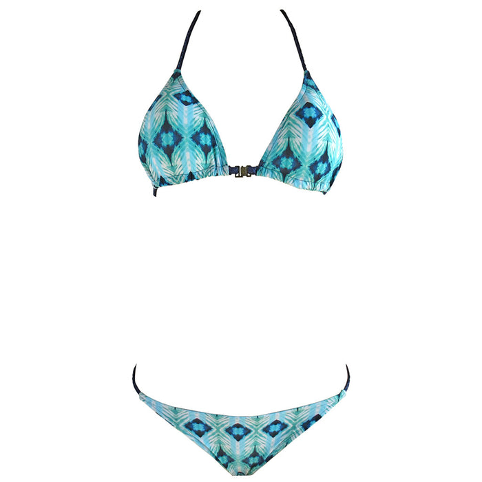 Pretty Turquoise Navy Tie Dye Print Brazilian Triangle Top Bikinis Set Cheeky Scrunch Bottoms Braided Straps