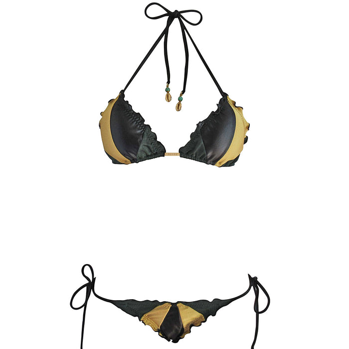 Jamaican Flag Black Gold Green Color Block Brazilian Triangle Bikini Ruched Scrunch String Bottom Swimwear Designer Hype