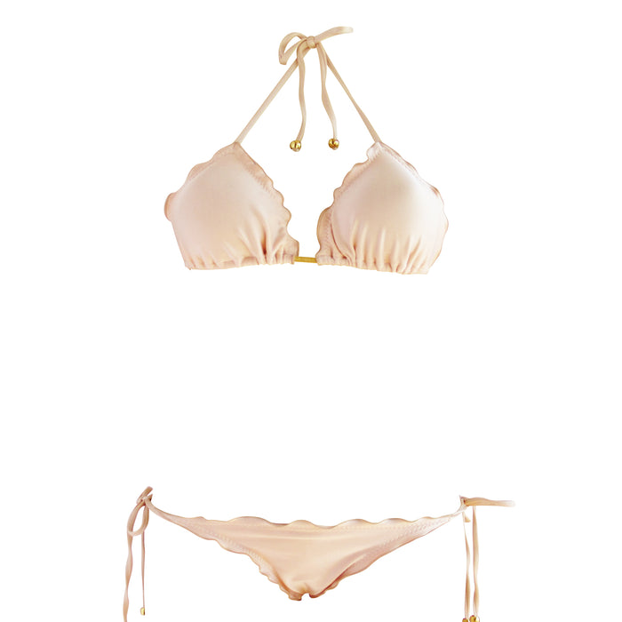 Shiny Nude Peach Brazilian Ripple Bikini Scrunch Ruched Cheeky Bottoms Swimwear Designer
