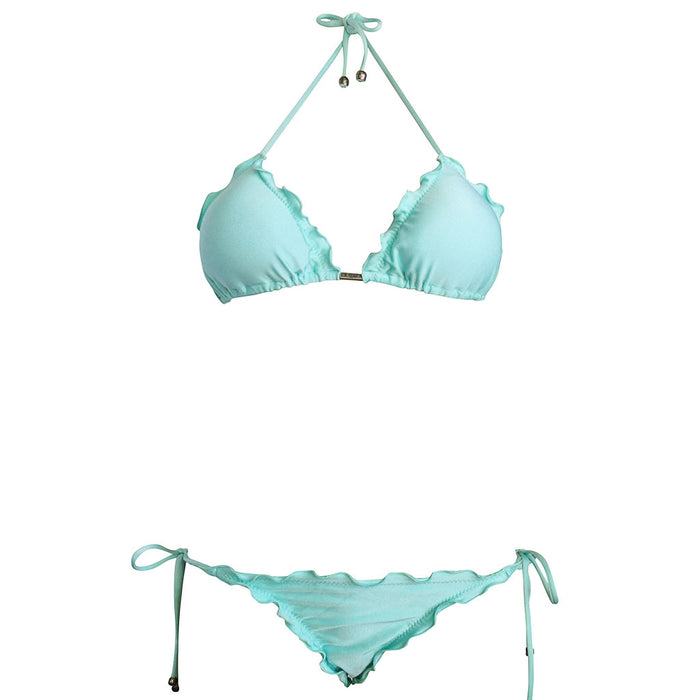 Turquoise Padded Cup Brazilian Ripple Triangle Bikini Ruched Scrunch Cheeky Bottoms Designer Swimwear