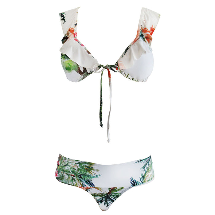 White Tropical Palm Print Ruffle Bikini with removable cups and mid rise cheeky Brazilian hipster bottom