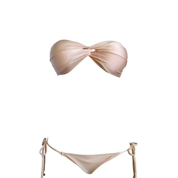 Nude Rose Gold Luxury Designer Brazilian Bandeau Bikini Set Cheeky Scrunch Bottoms