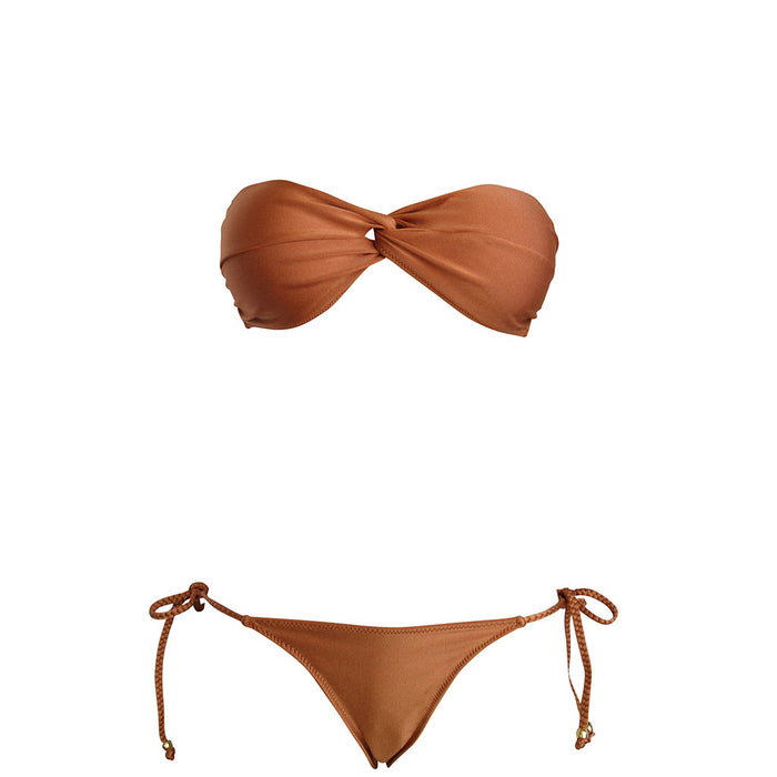 Luxury Designer Copper Orange Brazilian Bandeau Bikini Set Cheeky Ruched Scrunch Bottom Swimwear La Sirene