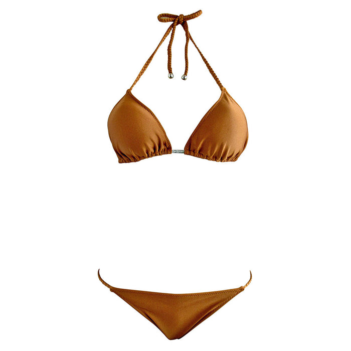 Orange Copper Padded Triangle Top Brazilian Bikini Ruched Scrunch Bottoms Braided Straps