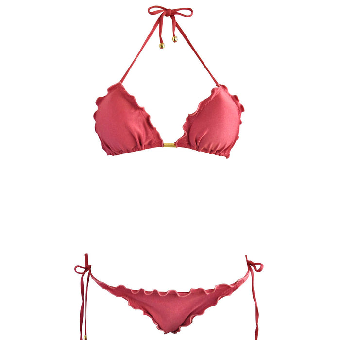Shiny Guava Red Padded Cup Brazilian Ripple Triangle Bikini Cheeky Ruched Scrunch String Bottom Designer Swimwear