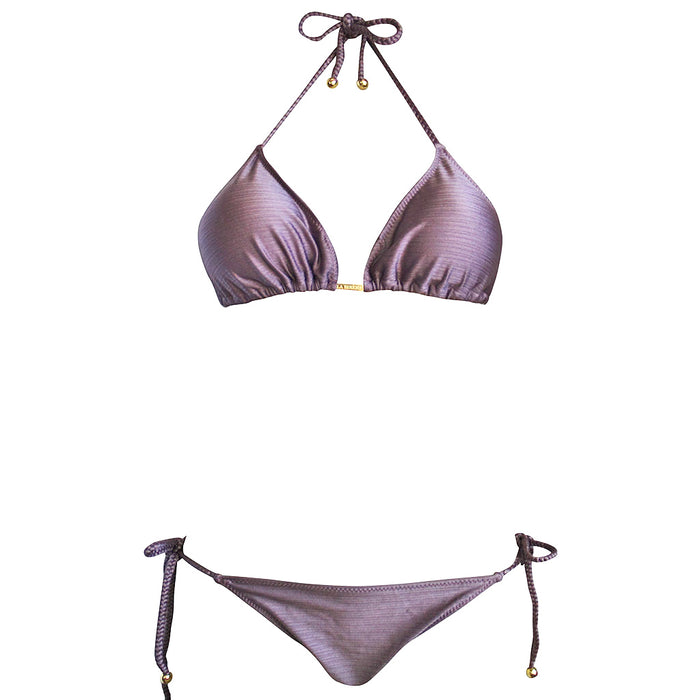 Lilac Purple Shiny Padded Cup Triangle Top Brazilian Bikini Ruched Cheeky Scrunch Bottom Braided Straps