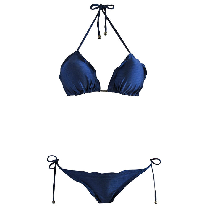 Navy midnight blue Brazilian ripple triangle bikini with cheeky string bottom and custom bead detail.  