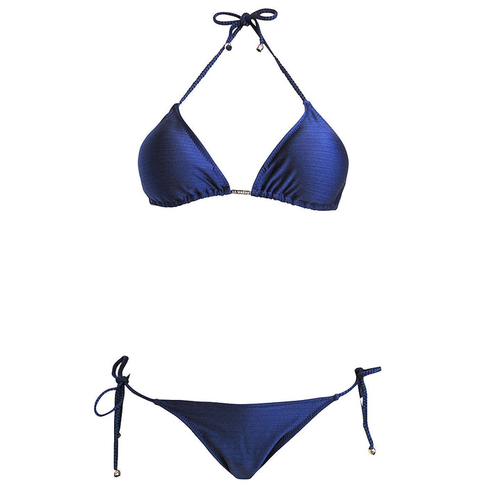 Shiny Navy Blue Padded Cup Brazilian Triangle Bikini Ruched Scrunch Bottom Braided Straps