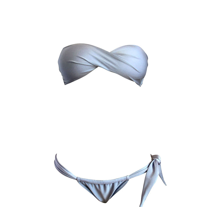 Shiny Silver Padded Bandeau Top Brazilian Bikini Adjustable Cheeky Bottom