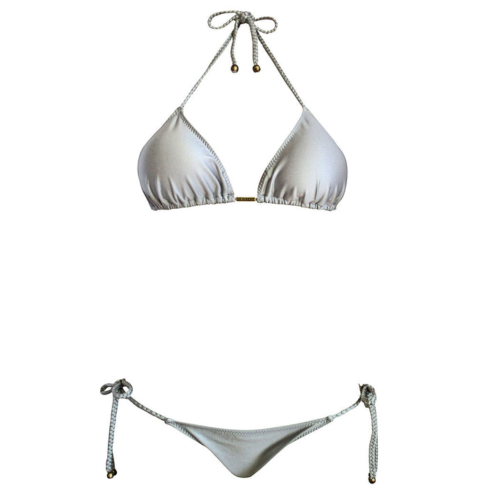Silver Scrunch String Bottom Brazilian Bikini Triangle Top Removable Pads 