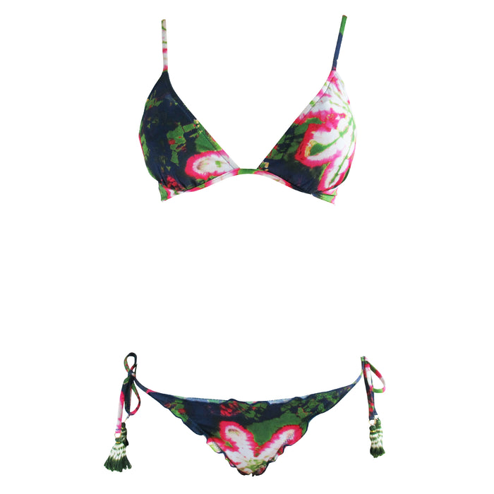 Navy Floral Underwire Triangle Brazilian Bikini with Ruched cheeky bottom and tassels