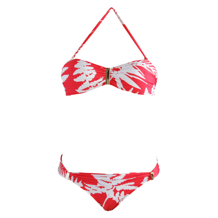 Red White Graphic Tropical Bird Print Bandeau Bikini Cheeky Brazilian Tanga