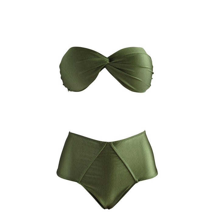 Two piece high waist shiny olive green swimming suit with padded bandeau top and cheekster swim bottoms