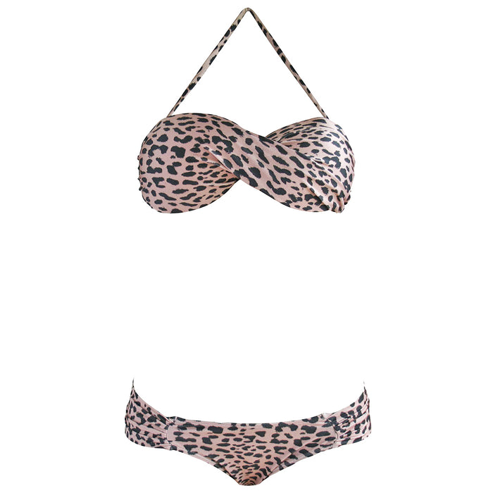 Pink dusty rose cheetah print bandeau bikini with removable strap and cheeky Brazilian hipster bottom