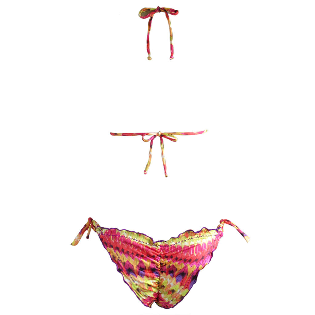 magenta hot pink yellow purple neon feather print brazilian bikini cute women's swimwear 